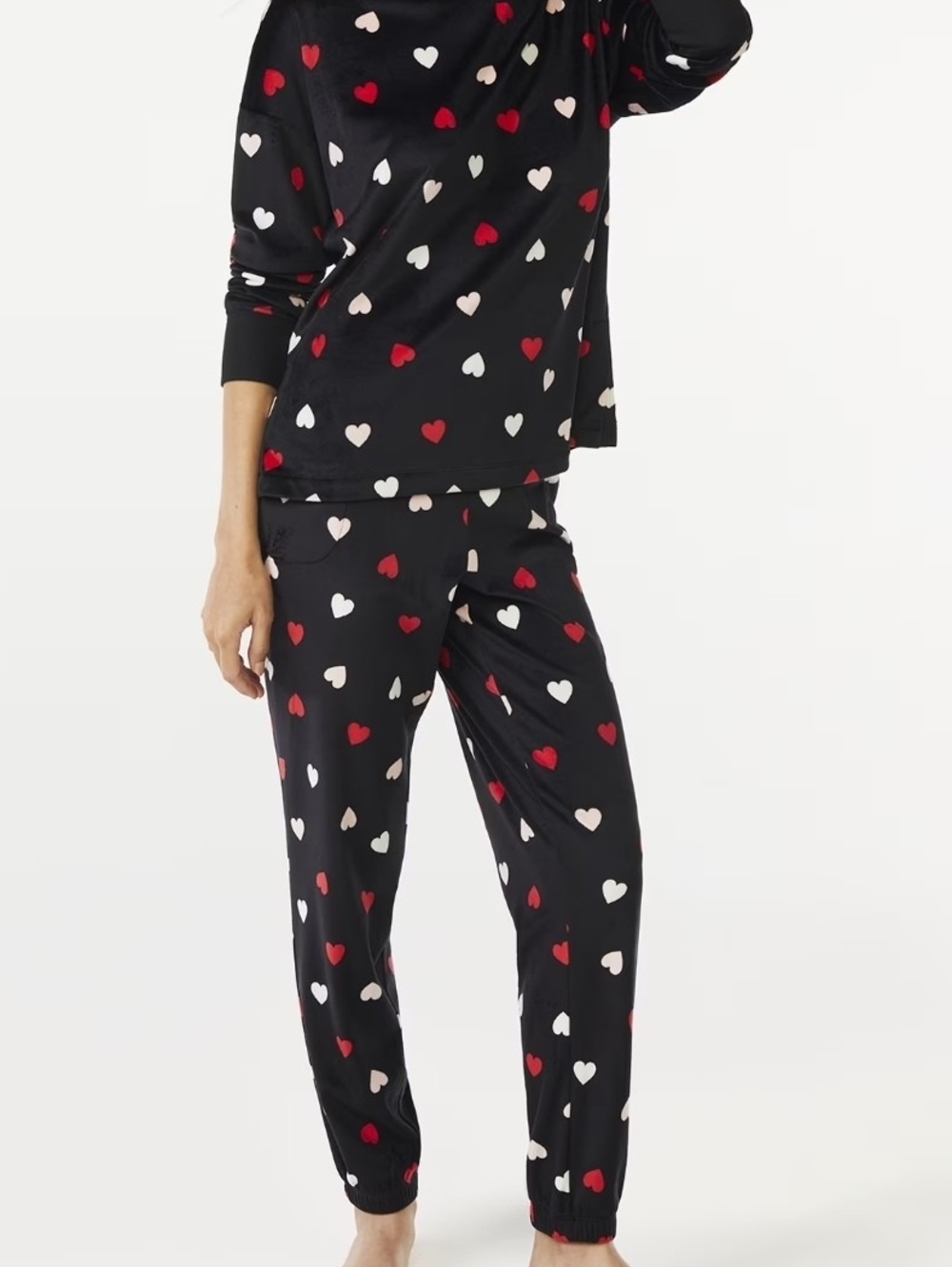 Women's Black Heart-Print Pajama Set - Joyspun Sz L (12-14) Super Soft